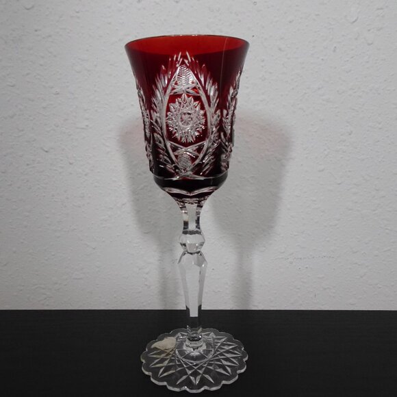 Ruby Red Cut to Clear Crystal Wine Water Goblet European 8.5" Tall Fancy Foot - Picture 2 of 12